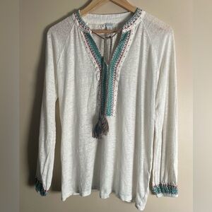 #591 SUNDANCE Women's Extra Small Beige Beaded & Embroidered Boho Linen Blouse